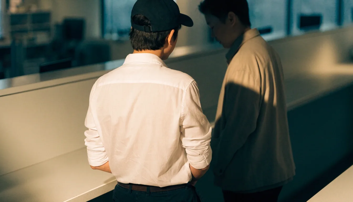 오후의 고객 지원 창구에서 대화 중인 두 사람