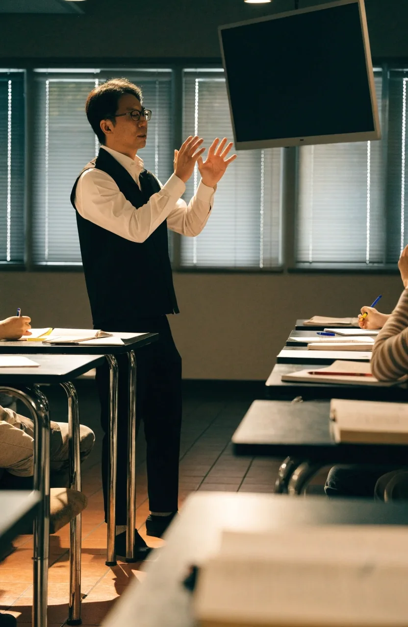 수업이 끝난 오후 한국 강의실에서 책상 위 노트와 펜이 남아 있고 창밖 흐린 빛이 들어오는 빈 교실
