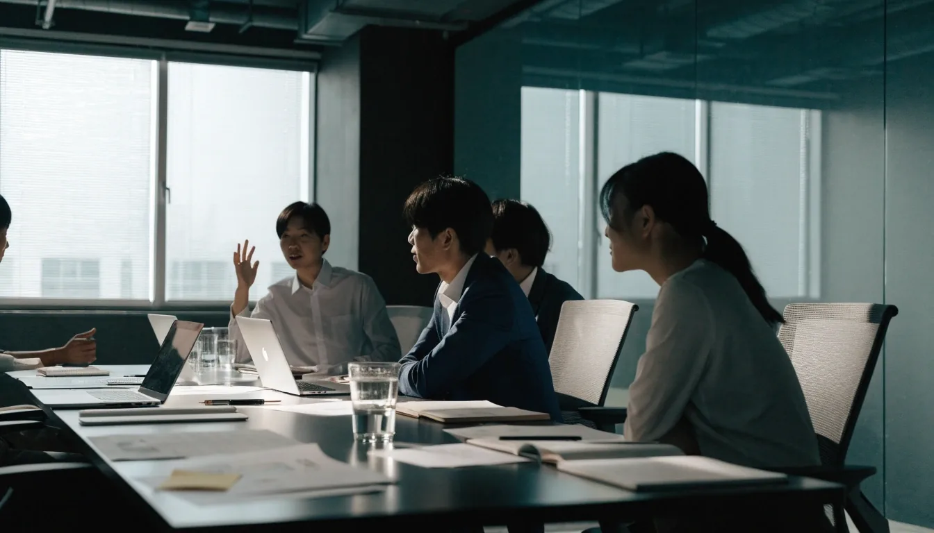 한국 사무실 회의실에서 여러 명의 동료가 노트북과 필기 도구를 펼쳐 두고 협업 도구 사용 방식을 논의하는 모습