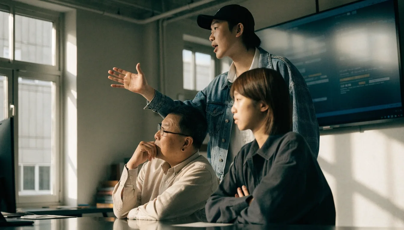 한국 사무실 지원 데스크에서 두 사람이 대화하는 오후 풍경